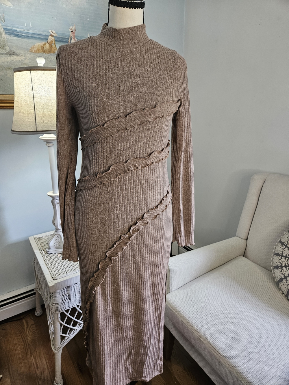 Ribbed Long-Sleeve Maxi Dress with Diagonal Ruffle Trim - Taupe P66